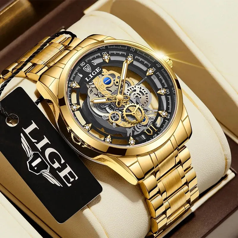 New Men Watch Skeleton Quartz Wristwatch Gold Skeleton Retro Man Watch Top Brand Luxury Clock Mens Watches Reloj Hombre