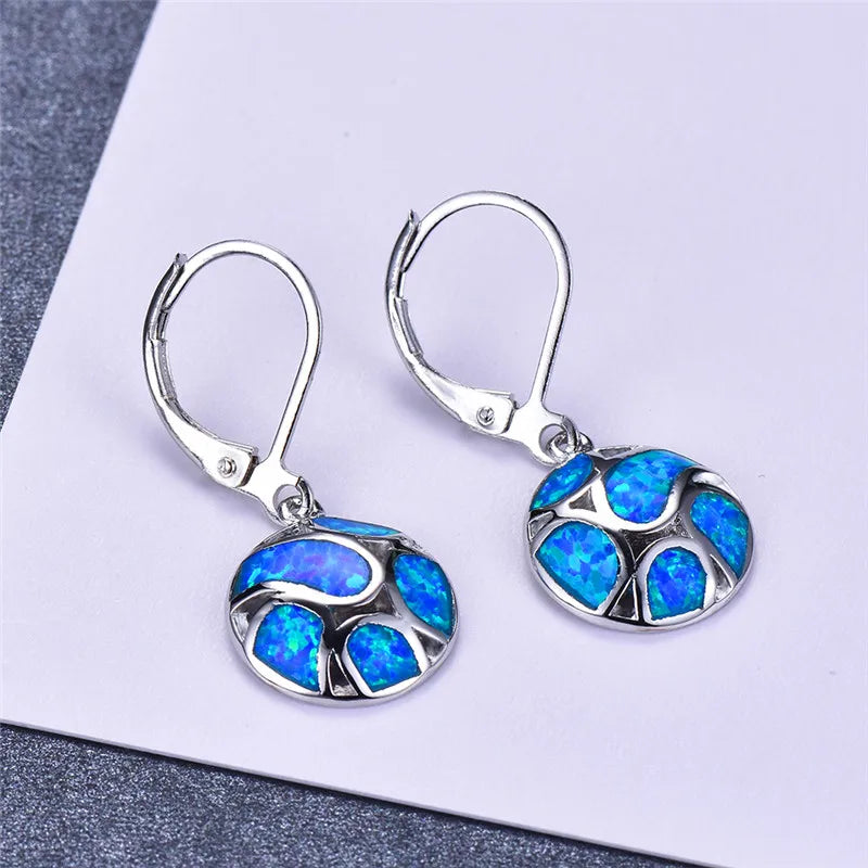 2022 Bohemian Jewelry Blue/White Imitation Fire Opal Long Dangle Earrings for Women Cute round Geometric Pendant Hoop Earrings