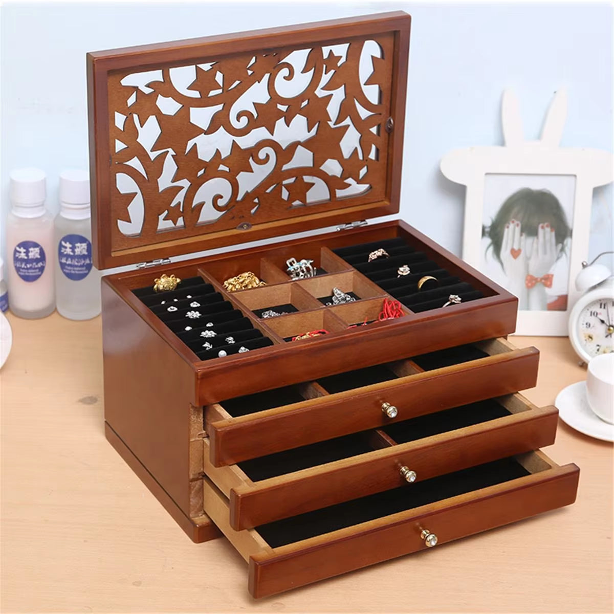 6 Layers Wooden Jewelry Box Jewelry Display Casket Earrings Ring Boxes Jewelry Organizer Gift Box White/Brown