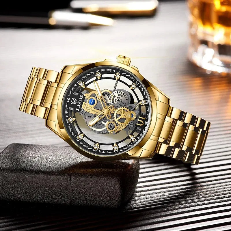 New Men Watch Skeleton Quartz Wristwatch Gold Skeleton Retro Man Watch Top Brand Luxury Clock Mens Watches Reloj Hombre