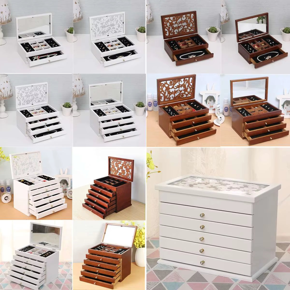 6 Layers Wooden Jewelry Box Jewelry Display Casket Earrings Ring Boxes Jewelry Organizer Gift Box White/Brown