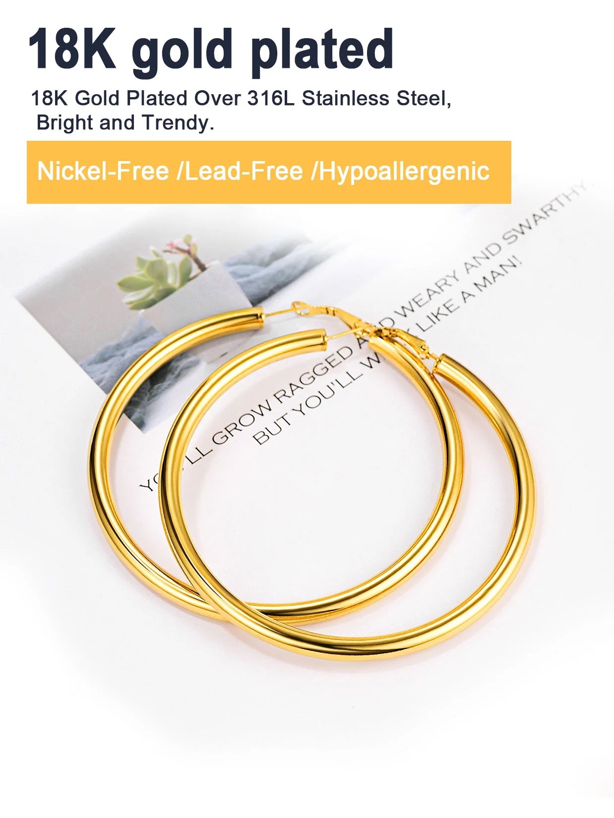 Chunky Hoop Earrings for Women Stainless Steel Jewelry Gold Large Earring 80Mm Birthday Christmas Gift for Daughter Wife