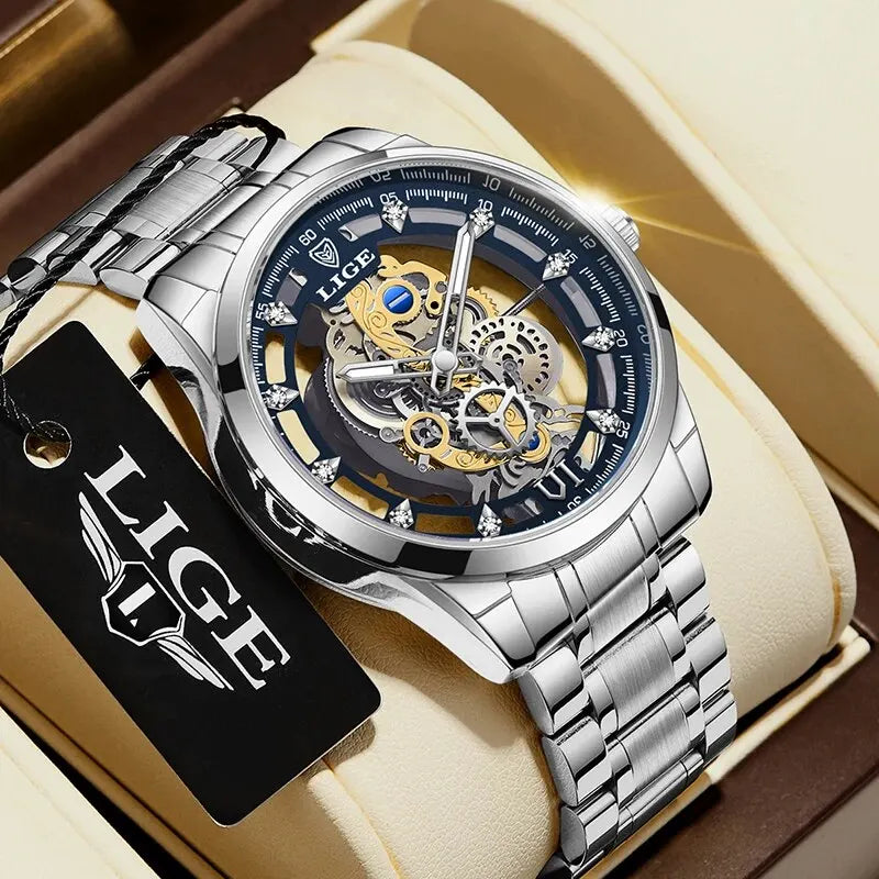 New Men Watch Skeleton Quartz Wristwatch Gold Skeleton Retro Man Watch Top Brand Luxury Clock Mens Watches Reloj Hombre