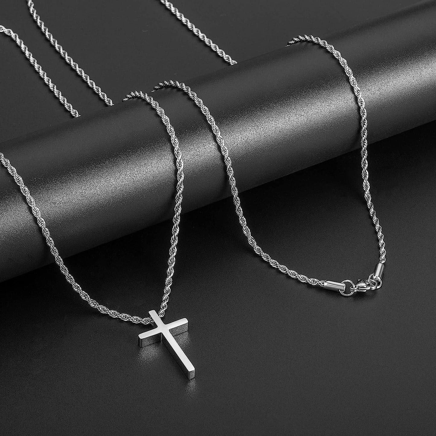 Cross Necklace for Men,Stainless Steel Black Silver Gold Cross Pendant Necklace for Men Boys Cross Chain for Men 16-24 Inches Rope Chain