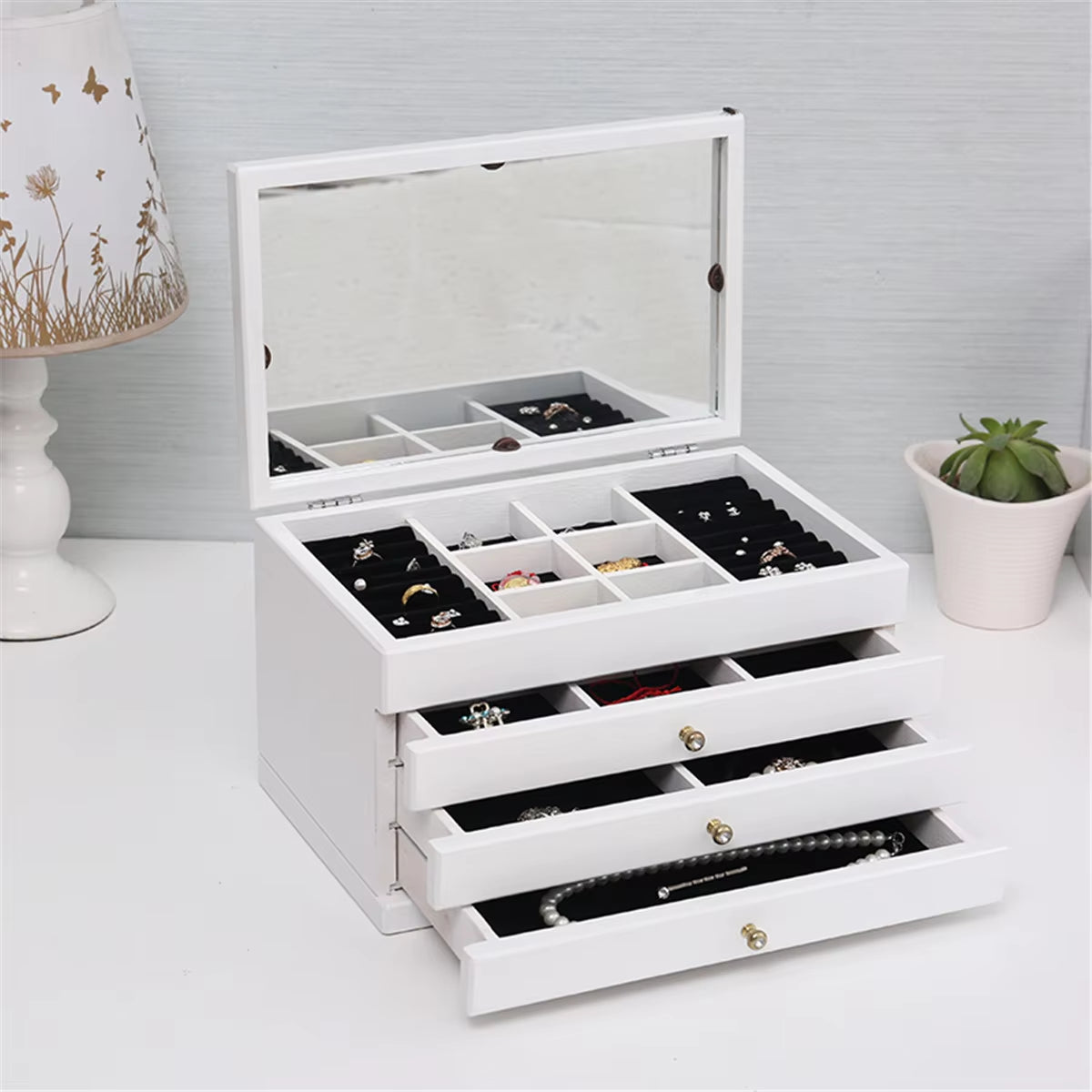 6 Layers Wooden Jewelry Box Jewelry Display Casket Earrings Ring Boxes Jewelry Organizer Gift Box White/Brown