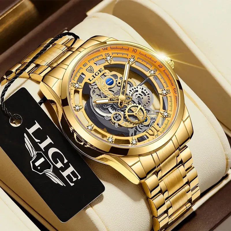 New Men Watch Skeleton Quartz Wristwatch Gold Skeleton Retro Man Watch Top Brand Luxury Clock Mens Watches Reloj Hombre