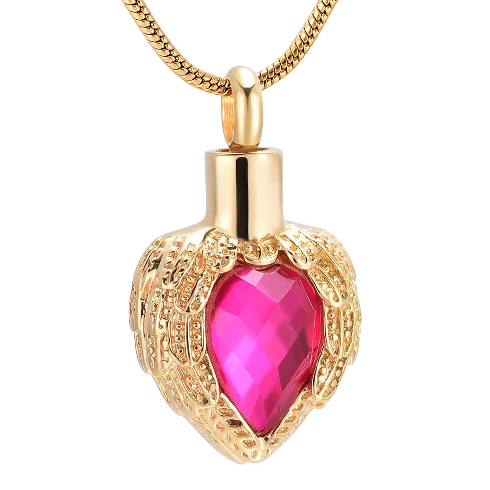 Golen Angel Wing Birthstone Heart Cremation Jewelry for Ashes Pendant Memorial Urn Necklace Stainless Steel Waterproof Jewellery