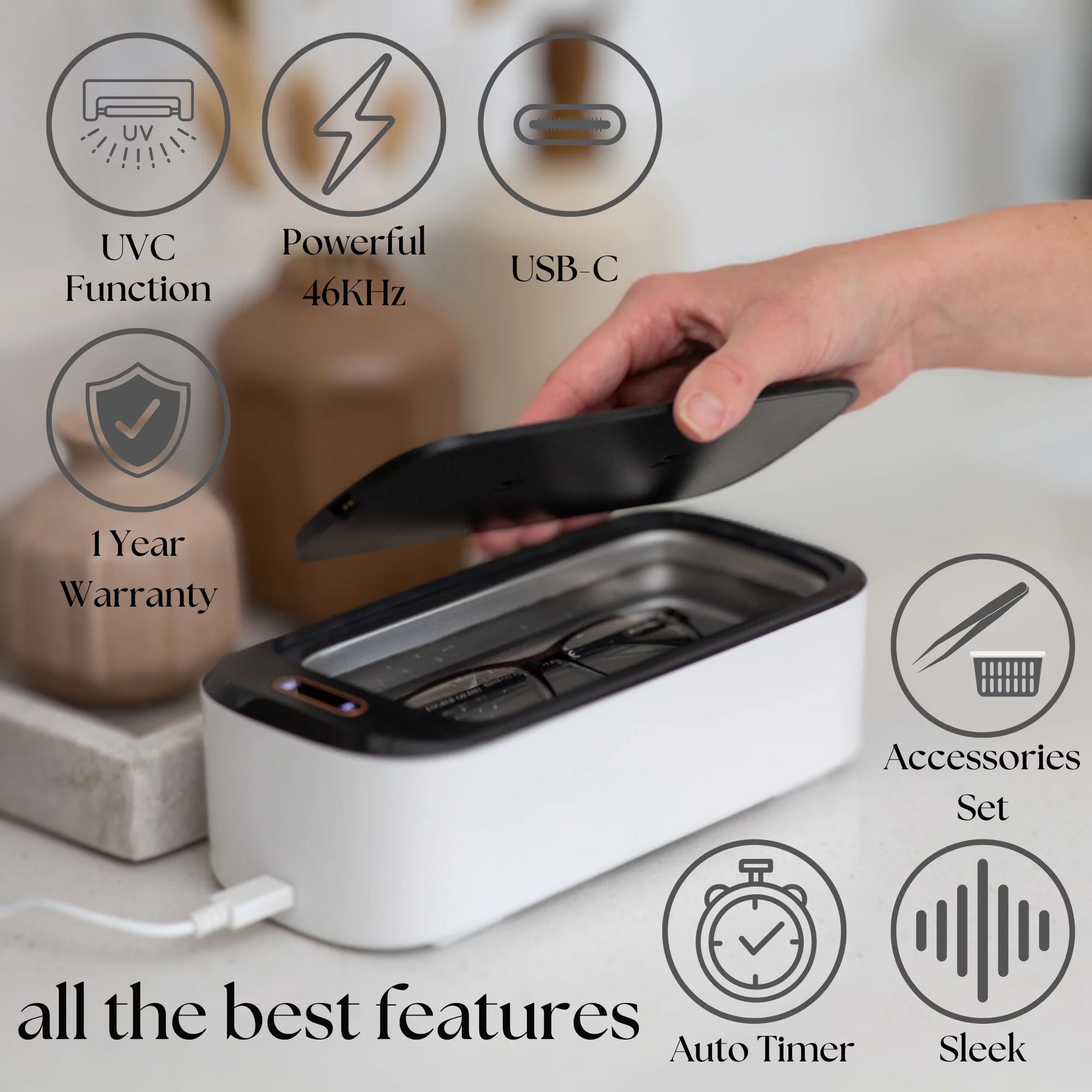 Ultrasonic Cleaner Set, 46Khz Portable Ultrasonic Jewelry Cleaner, 18Oz Clean Pod Glasses Cleaner Machine Cleaning Sets, Sonic Cleaner for Silver Jewelry Necklace Glasses Watch Denture Bracelets