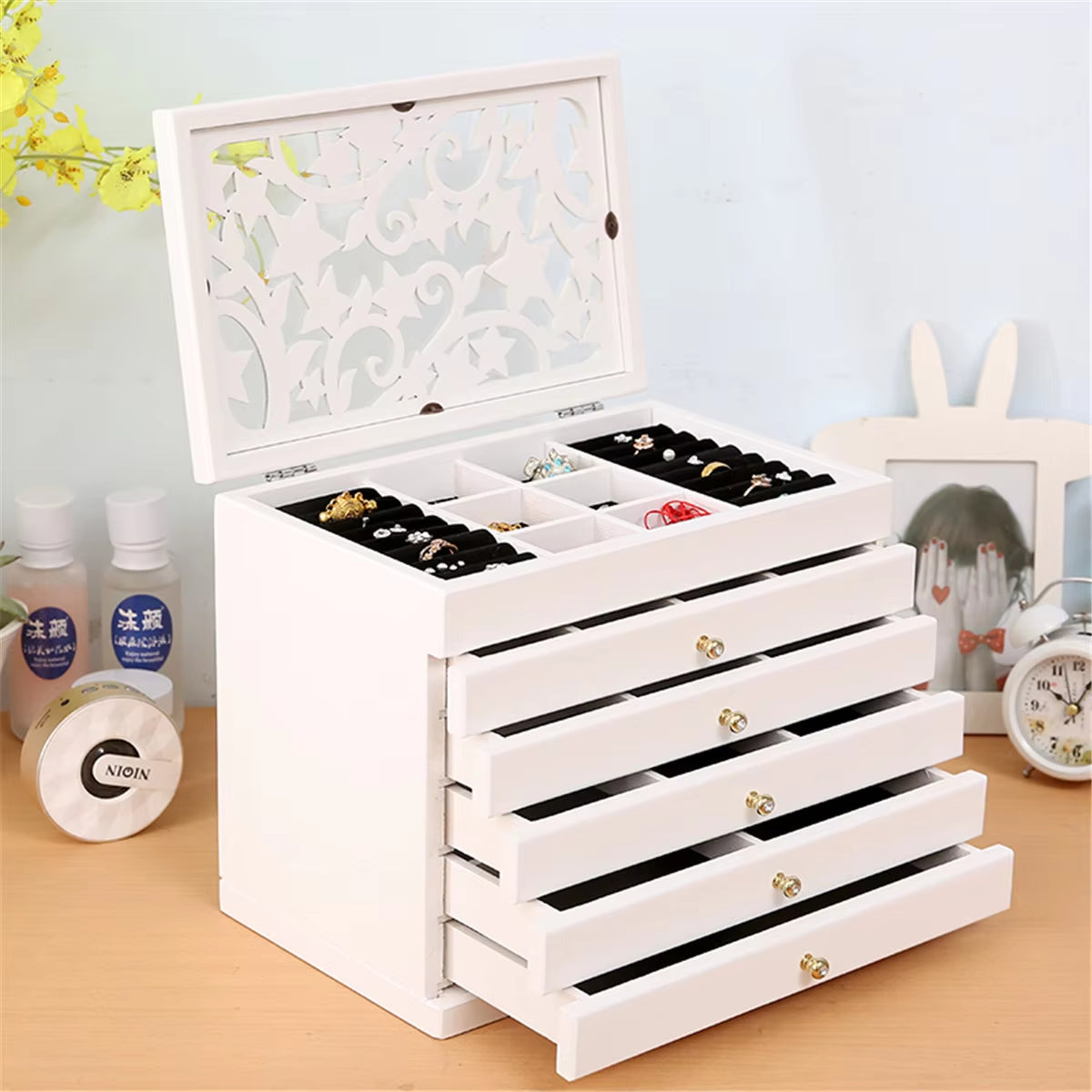 6 Layers Wooden Jewelry Box Jewelry Display Casket Earrings Ring Boxes Jewelry Organizer Gift Box White/Brown