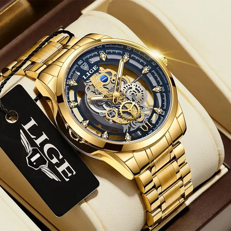 New Men Watch Skeleton Quartz Wristwatch Gold Skeleton Retro Man Watch Top Brand Luxury Clock Mens Watches Reloj Hombre