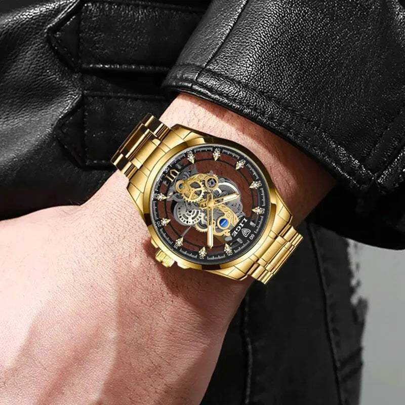 New Men Watch Skeleton Quartz Wristwatch Gold Skeleton Retro Man Watch Top Brand Luxury Clock Mens Watches Reloj Hombre