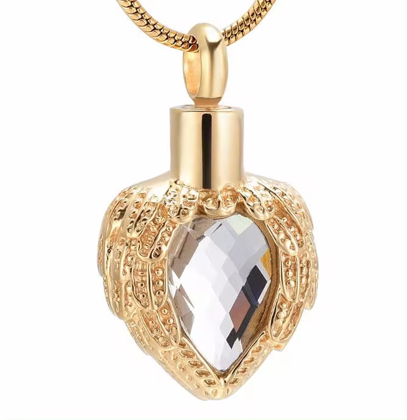 Golen Angel Wing Birthstone Heart Cremation Jewelry for Ashes Pendant Memorial Urn Necklace Stainless Steel Waterproof Jewellery