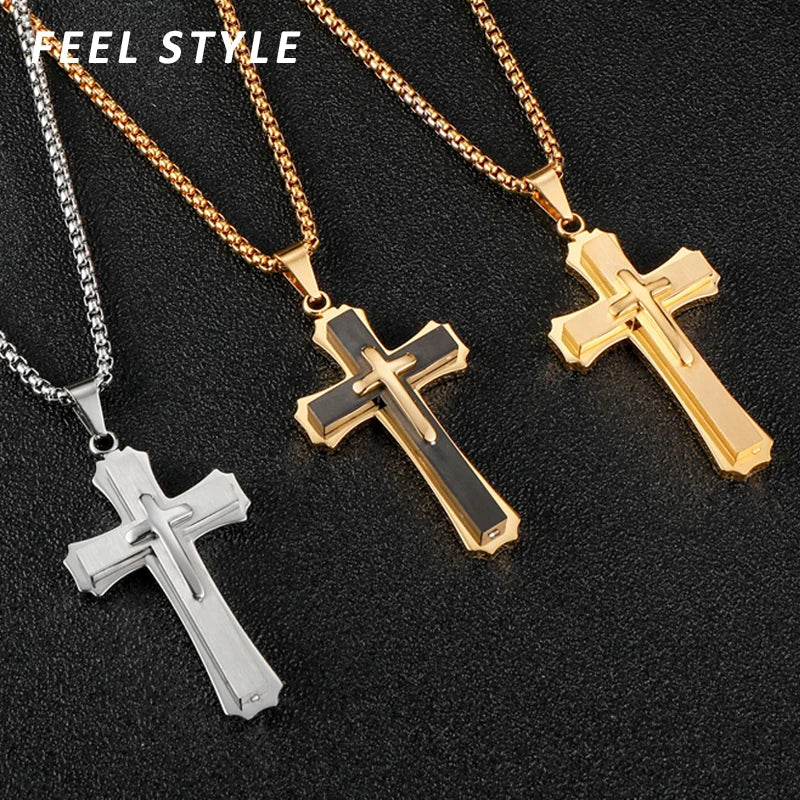 Christian Jesus Cross Pendant Necklace Stainless Steel Multilayer Crucifix Collares for Men Jewelry High Quality