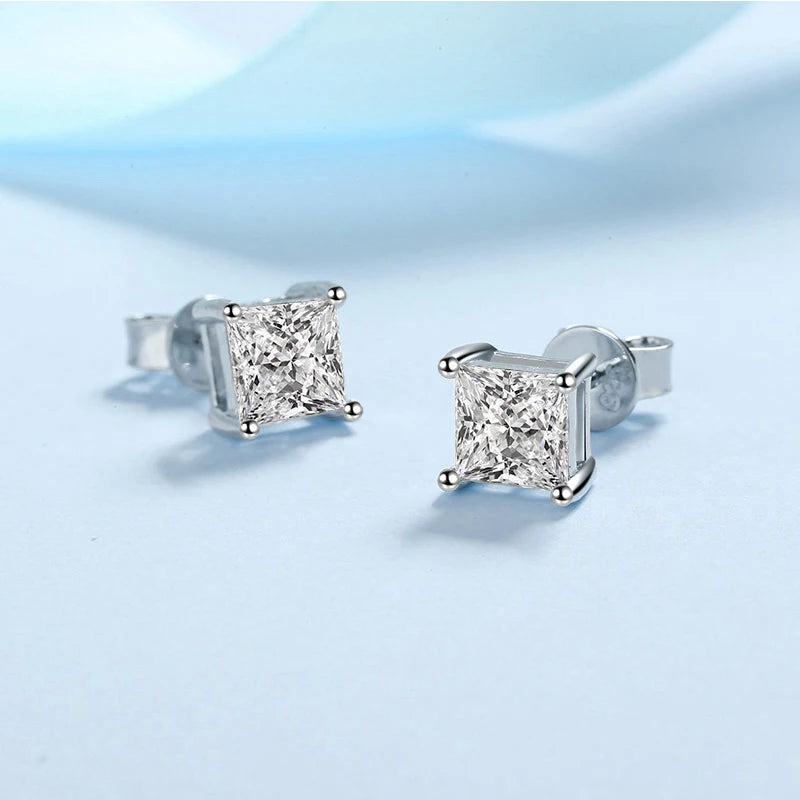 Princess Cut 2CT Diamond Test Passed Moissanite Rhodium Plated 925 Silver D Color Moissanite Stud Earrings Jewelry Couple Gift