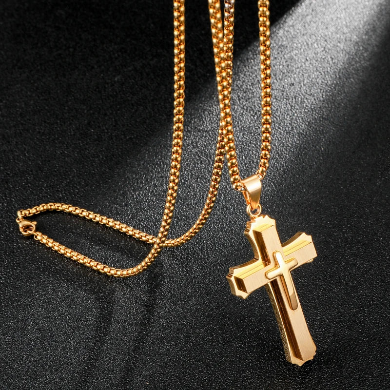 Christian Jesus Cross Pendant Necklace Stainless Steel Multilayer Crucifix Collares for Men Jewelry High Quality