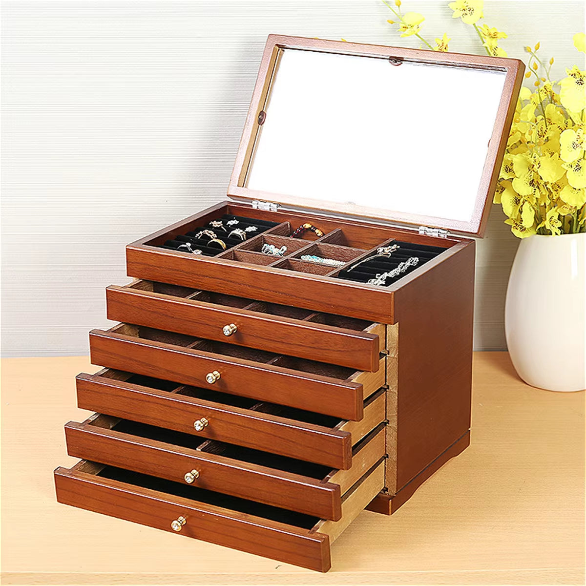 6 Layers Wooden Jewelry Box Jewelry Display Casket Earrings Ring Boxes Jewelry Organizer Gift Box White/Brown