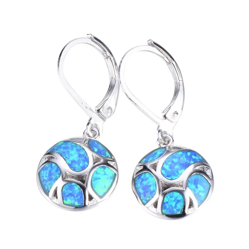 2022 Bohemian Jewelry Blue/White Imitation Fire Opal Long Dangle Earrings for Women Cute round Geometric Pendant Hoop Earrings