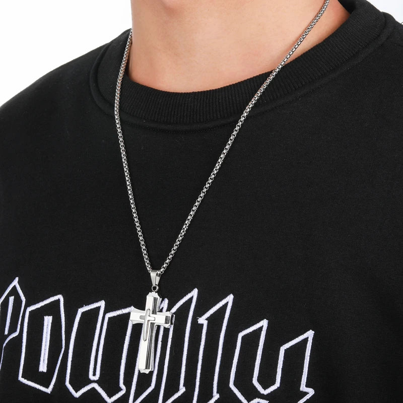 Christian Jesus Cross Pendant Necklace Stainless Steel Multilayer Crucifix Collares for Men Jewelry High Quality